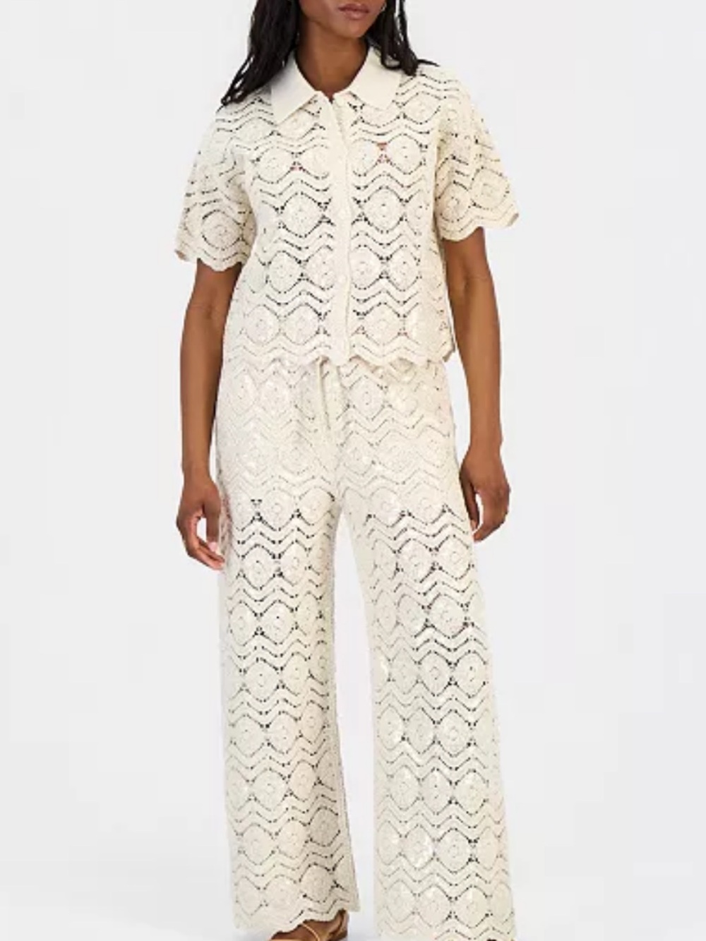 Cream Crochet Wide-Leg Pant/Top Sz petite M